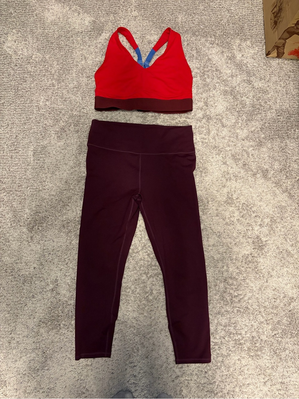 Fabletics Red Sports Bra with Burgundy Leggings